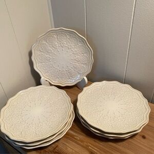 Pioneer Woman Farmhouse Lace Linen Scalloped 8.5” Salad Plates Set Of 7 EUC